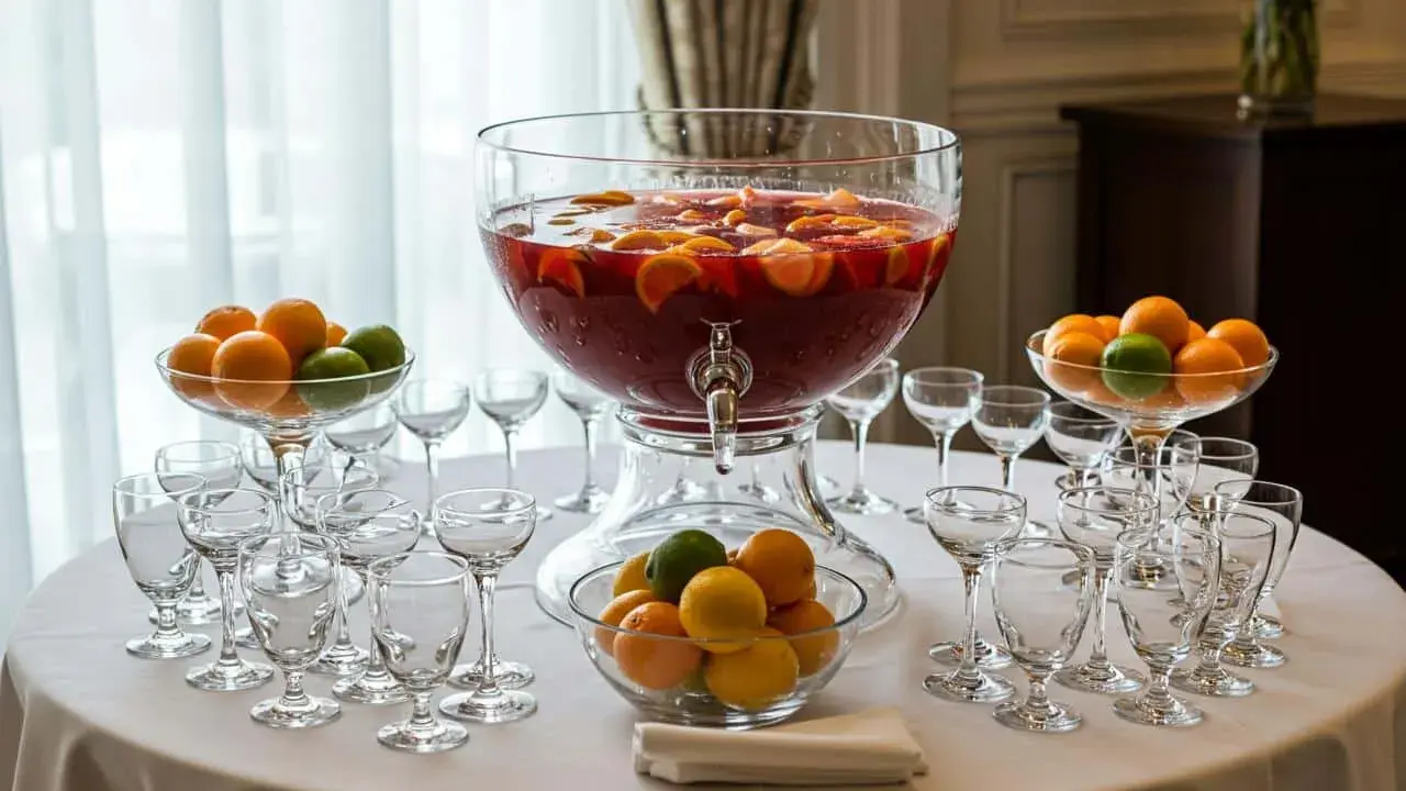 Un grand punch Lafayette débordant de fruits, entouré de verres et de bols d'oranges et de citrons verts, prêt pour une fête.
