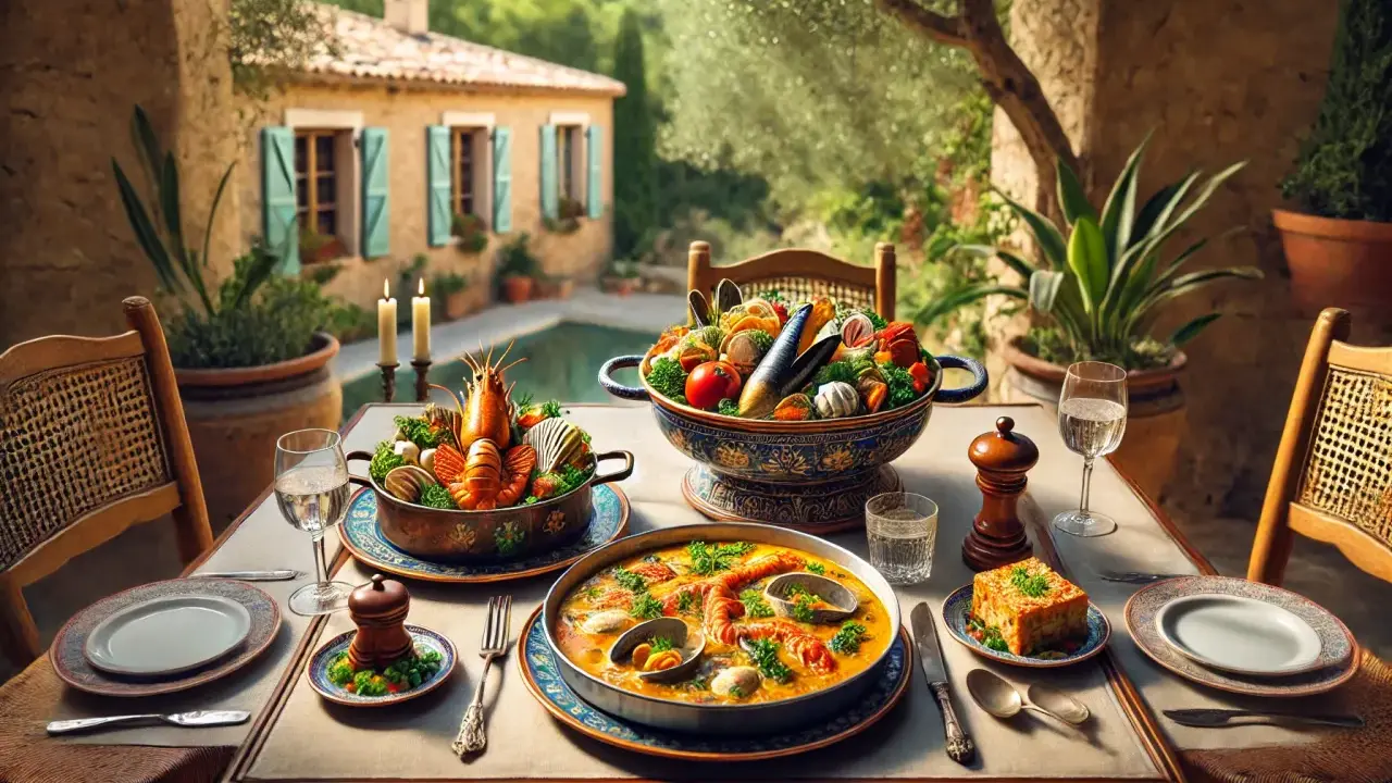 Un festin de fruits de mer et de légumes, un vrai repas provençal, servi sur une terrasse ensoleillée avec une piscine en arrière-plan.