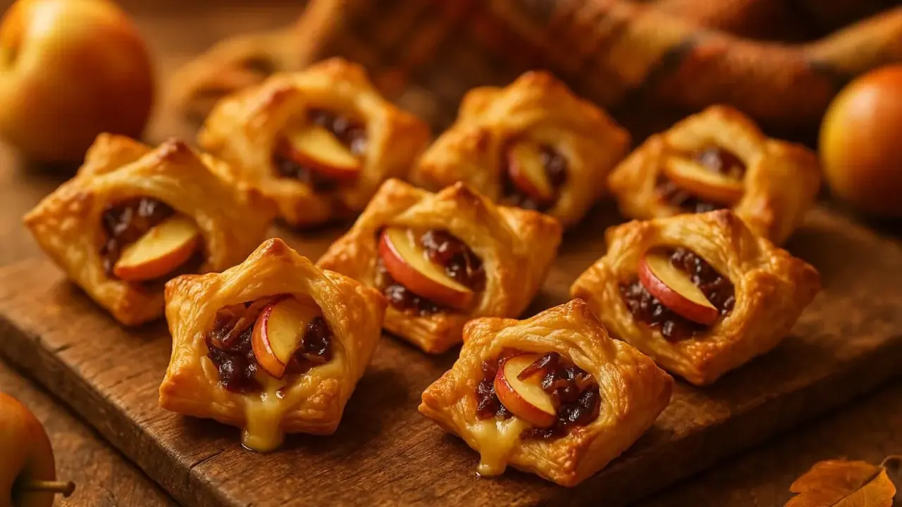 Petits fours salés en pâte feuilletée, garnis de pommes caramélisées et d'un soupçon de fromage fondant. Parfaits pour un apéritif gourmand.