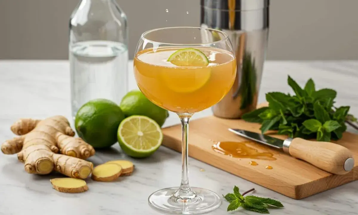 Un cocktail gingembre rafraîchissant, garni d'une tranche de citron vert, avec du gingembre frais, des citrons verts et de la menthe disposés autour.