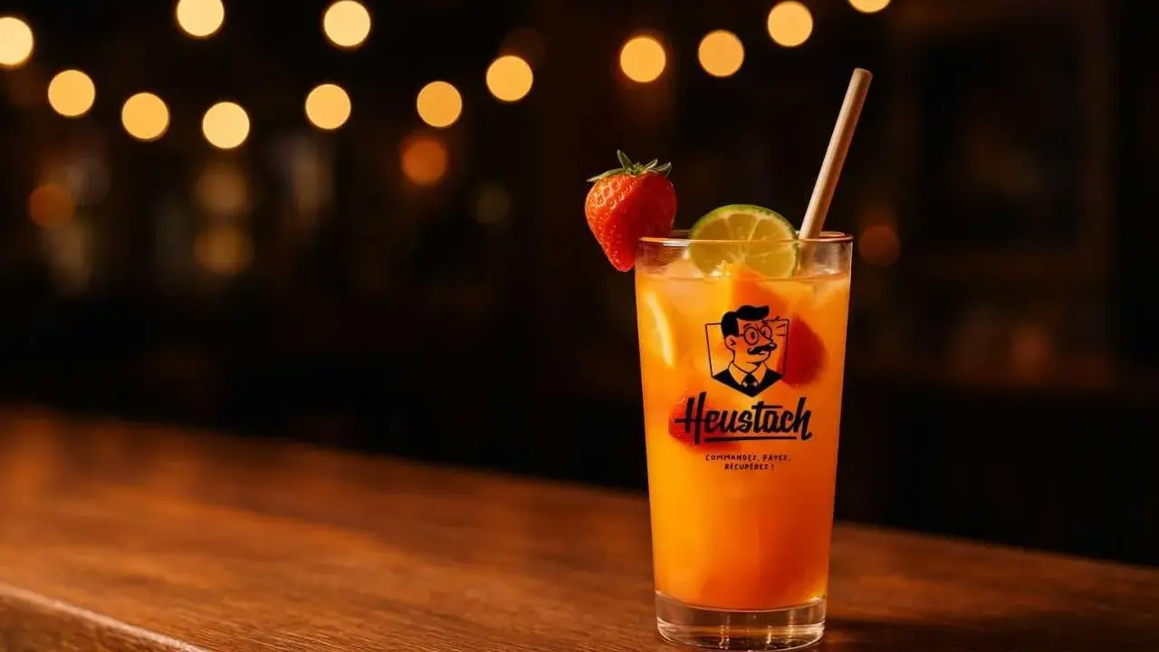 Un verre de punch sans alcool, garni de fruits frais et d'une paille, sur un bar en bois, avec des lumières douces en arrière-plan.