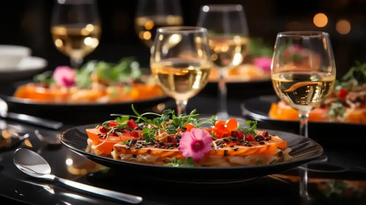 Un délicieux repas EVJF avec des assiettes raffinées, des garnitures colorées et des verres de vin blanc pétillant.