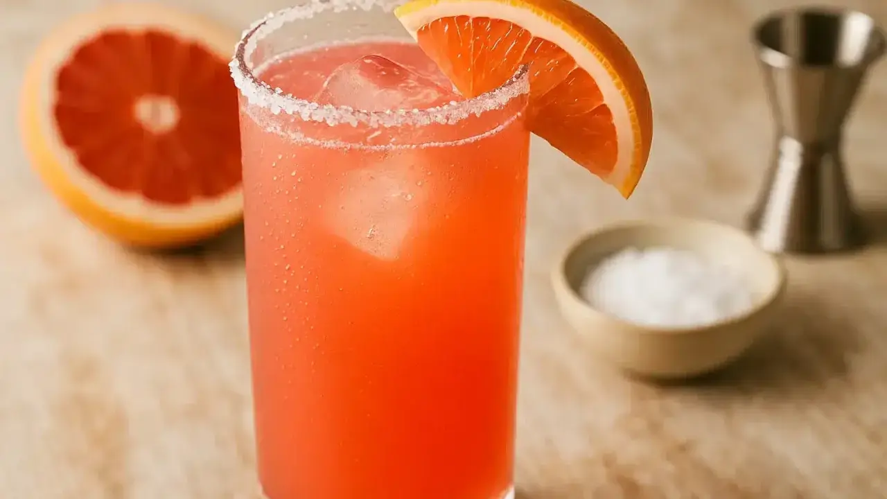Un verre de Paloma, cocktail rose vif, garni d'une tranche de pamplemousse et de sel. La recette est simple et rafraîchissante.