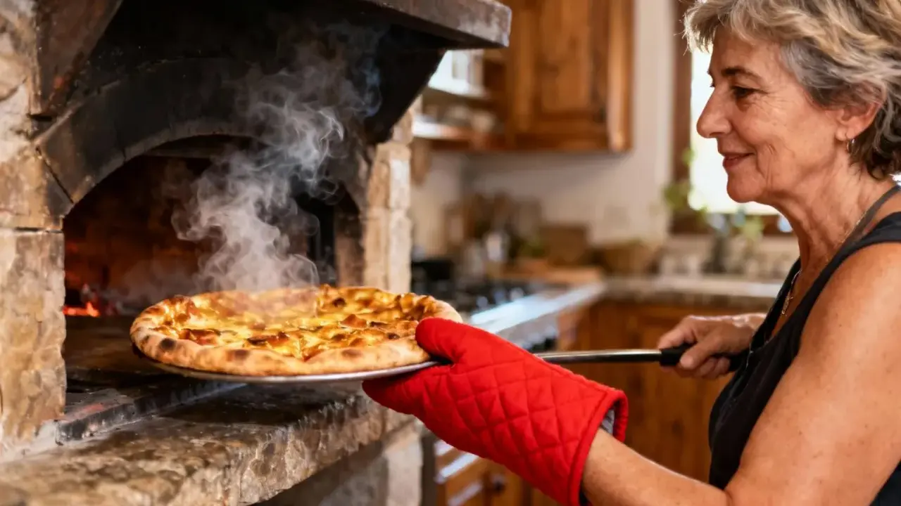 Une femme sort une pizza dorée d'un four à bois. La vapeur s'échappe, promettant un délice à cuire.
