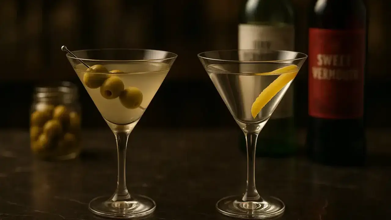 Deux martinis, l'un garni de trois olives, l'autre d'un zeste de citron. Un pot d'olives et des bouteilles de vermouth en arrière-plan.