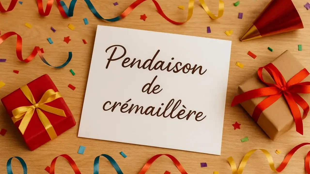 Carte "Pendaison de crémaillère" entourée de cadeaux, confettis et serpentins. Idéal pour organiser une crémaillère festive !
