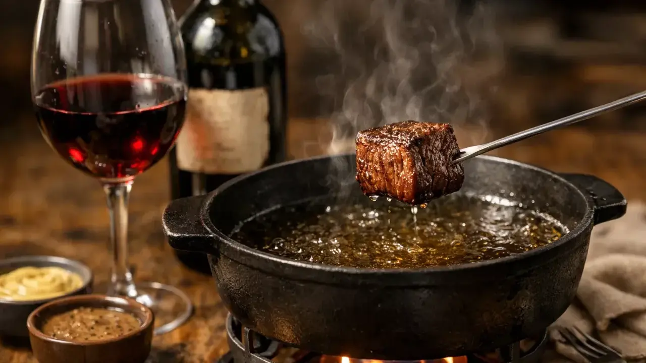 Un morceau de bœuf est plongé dans l'huile bouillante d'une fondue bourguignonne. Un verre de vin rouge et des sauces accompagnent ce plat savoureux.