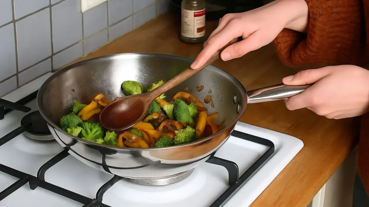 Une personne remue des légumes dans une poêle en inox alimentaire avec une cuillère en bois.