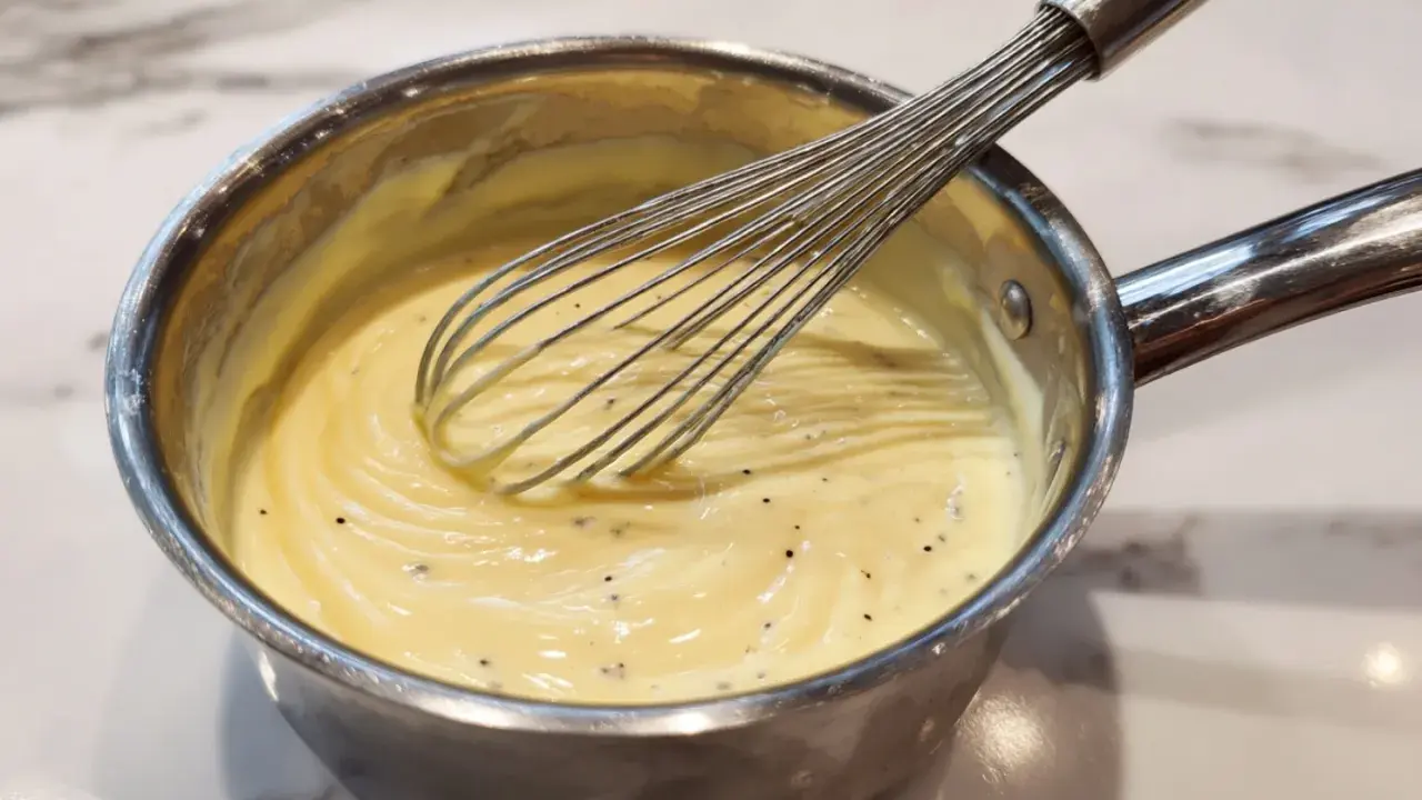 Préparation d'une crème onctueuse pour un flan Cyril Lignac, avec un fouet en action.