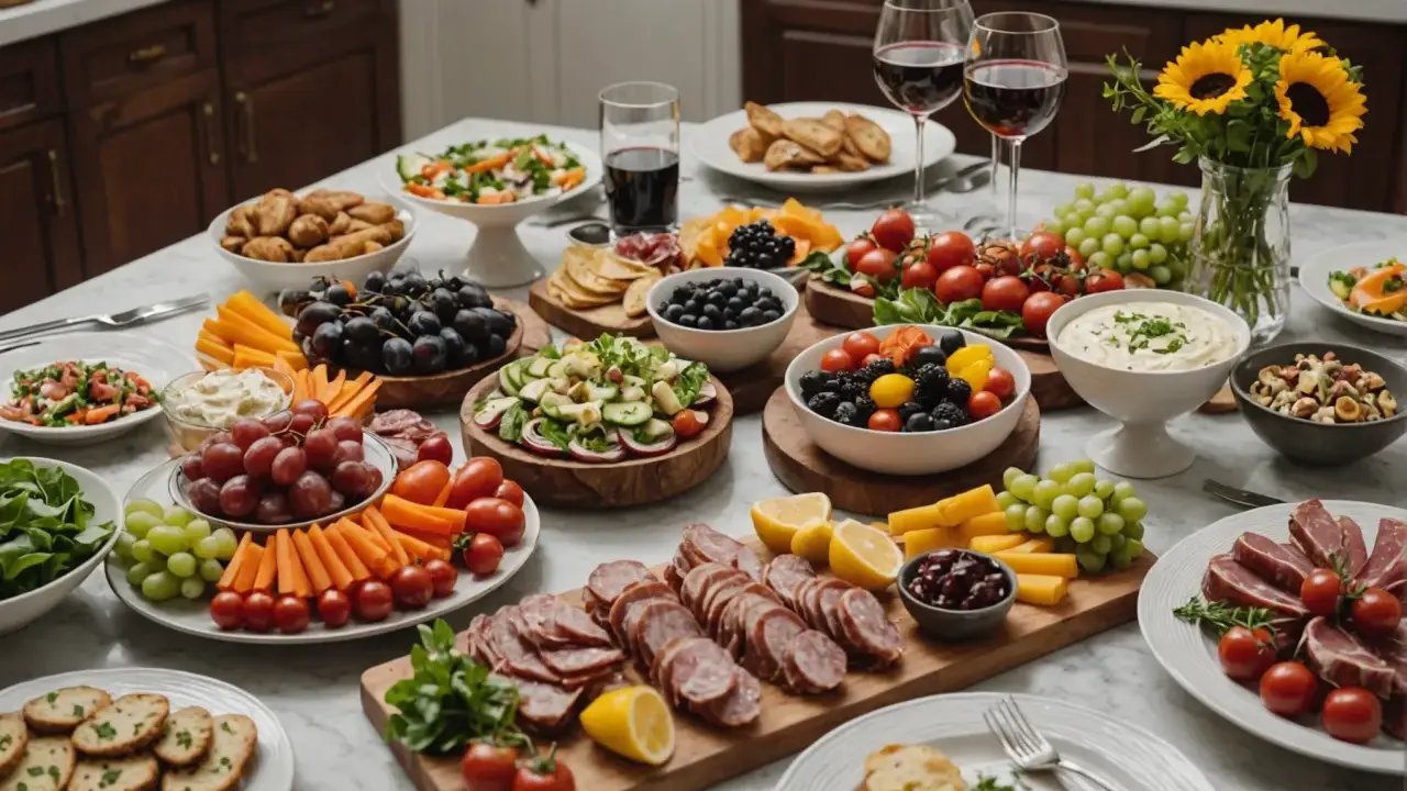 Un apéritif dinatoire généreux : charcuteries, fromages, fruits frais, légumes croquants et dips variés, prêt à régaler.