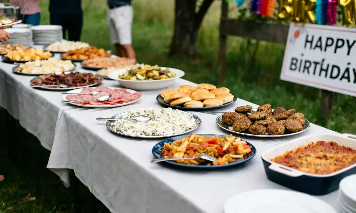Buffet d'anniversaire en plein air : salades, charcuterie, boulettes et gratins composent ce repas d'anniversaire original et pas cher.