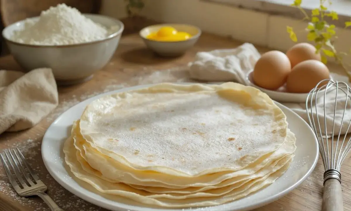 Une pile de crêpes de riz fines et dorées, saupoudrées de sucre glace, prêtes à être dégustées. Des ingrédients pour les préparer sont disposés autour.