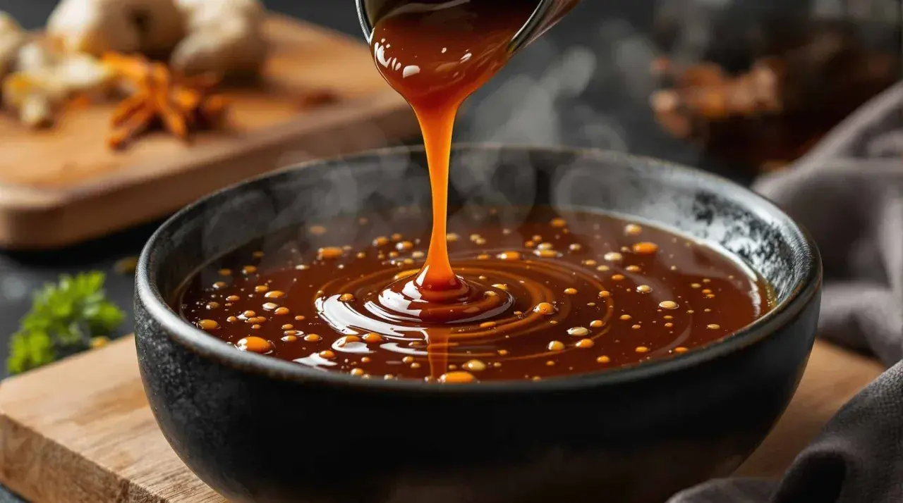 Une sauce épaisse et brillante, probablement une marinade teriyaki, coule d'un pichet dans un bol. Des bulles dorées flottent à la surface.