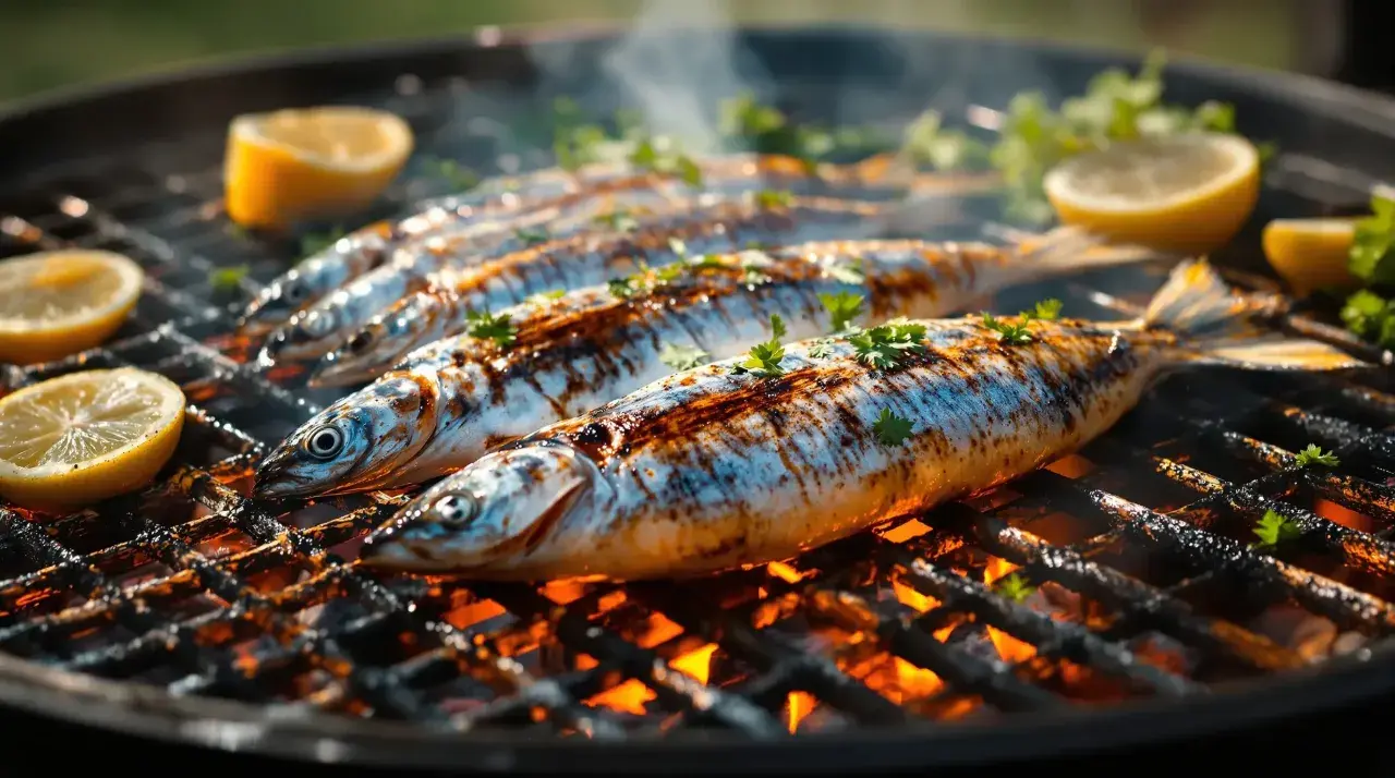 Sardines grillées sur le feu, parsemées de persil et accompagnées de quartiers de citron. Une délicieuse sardinade recette à savourer.