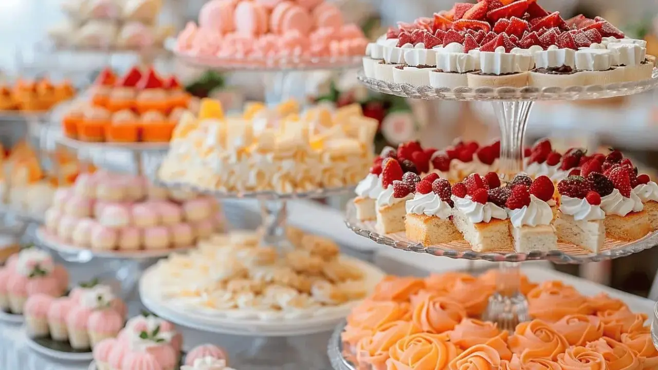 Un magnifique buffet dessert avec macarons roses, tartes aux fruits rouges et gâteaux individuels garnis de crème et de fruits.