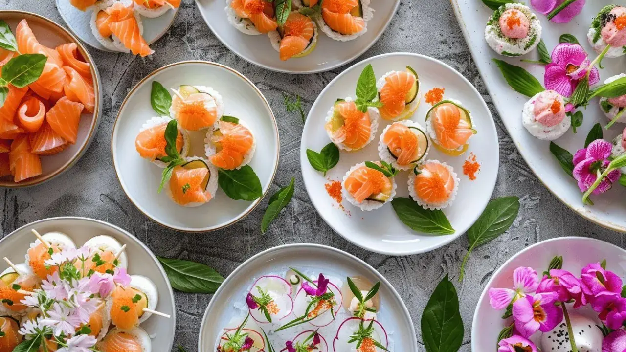 Idée entrée froide mariage : assortiment de sushis et makis raffinés, décorés de saumon, œufs de poisson, herbes fraîches et fleurs comestibles.