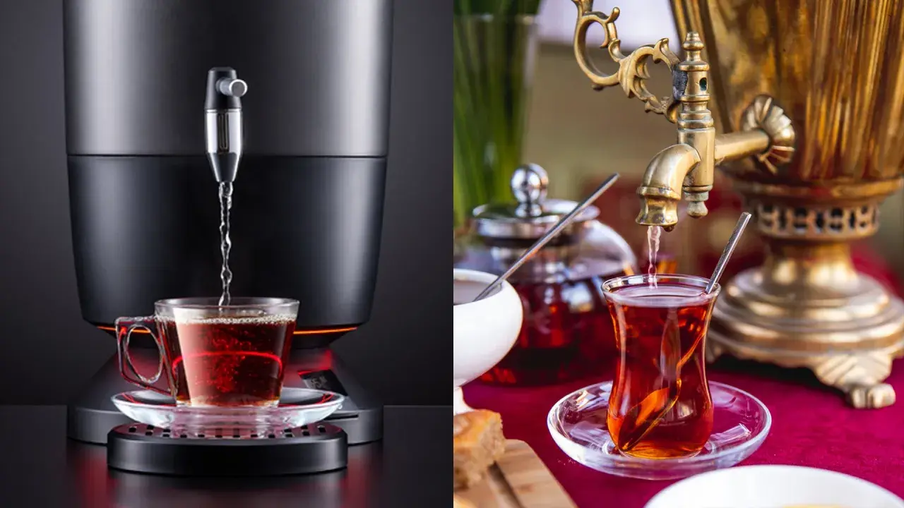 Comparaison de deux méthodes de préparation du thé : un samovar traditionnel et un distributeur moderne. Le samovar fonctionnement est illustré par un robinet doré versant du thé dans un verre.