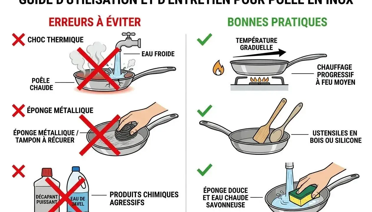 Guide pour nettoyer dessous poêle en inox : éviter choc thermique, éponge métallique et produits agressifs. Privilégier chauffe progressive, ustensiles bois/silicone et éponge douce.