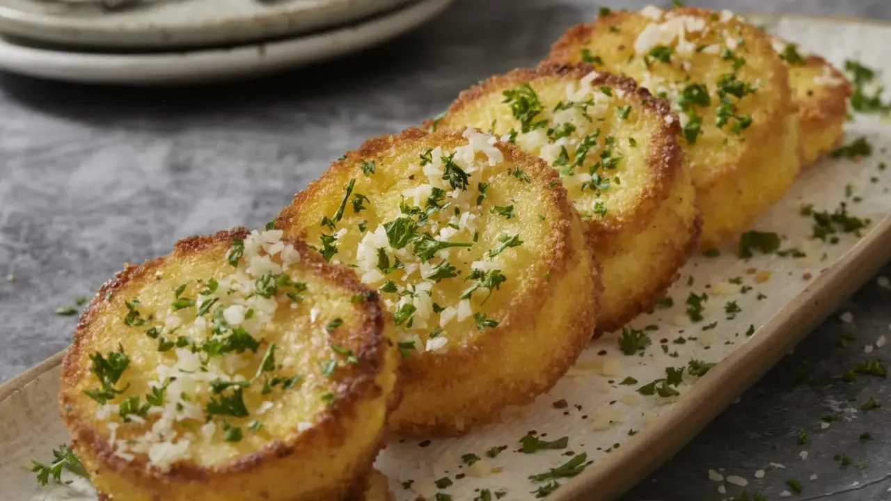 Cinq rondelles dorées de polenta croustillante, saupoudrées de persil frais et de parmesan râpé, sur un plateau.