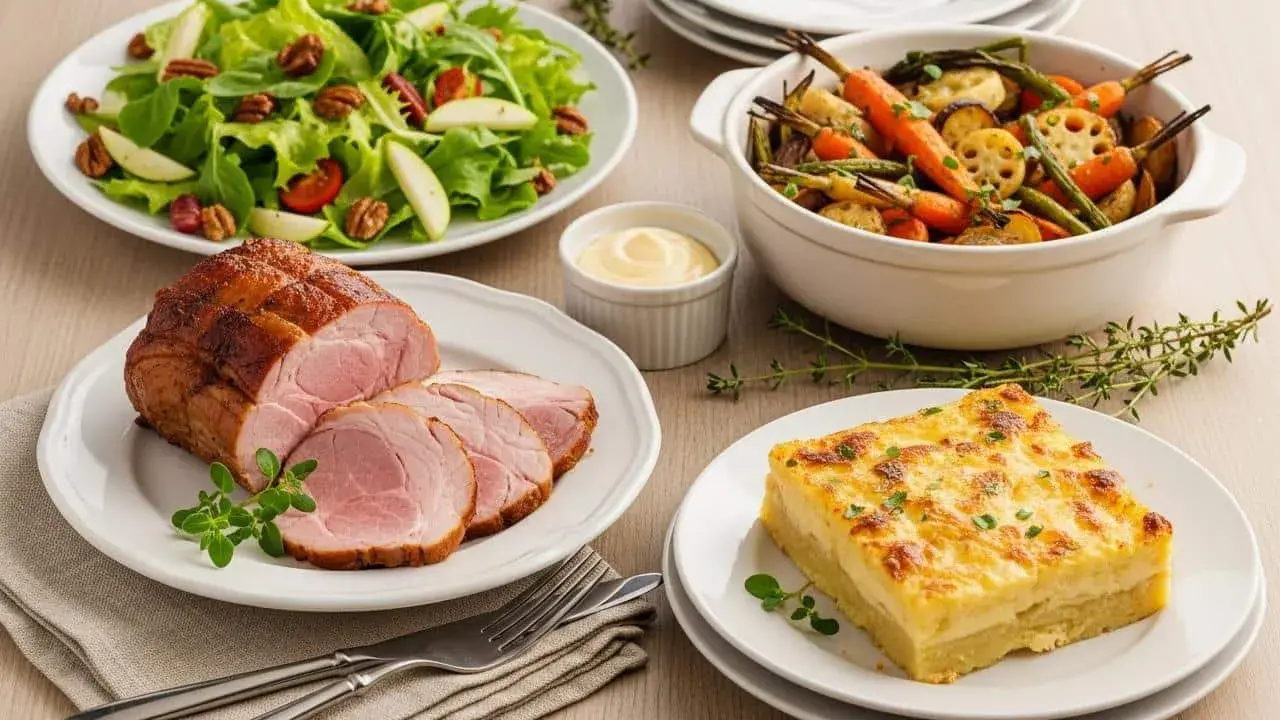 Un rôti de porc froid tranché, servi avec une salade verte croquante, des légumes rôtis, un gratin et une sauce crémeuse. Parfait pour un repas d'été.