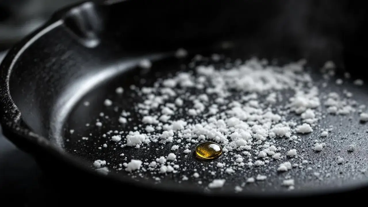Goutte d'huile dorée sur une **casserole noircie** saupoudrée de sel. Prête pour une cuisson savoureuse.