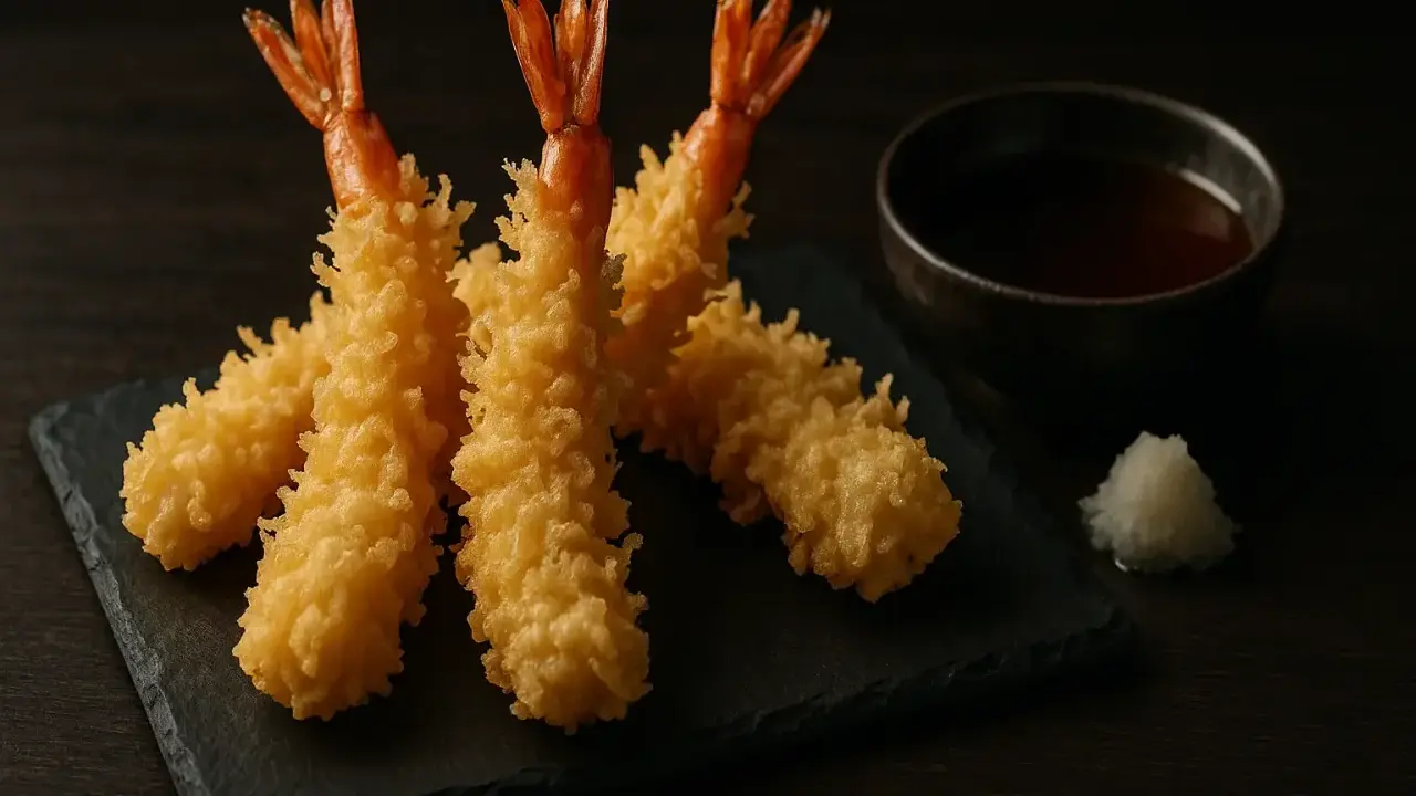 Trois crevettes tempura dorées et croustillantes, servies avec une sauce et du radis râpé. Un délice à savourer !
