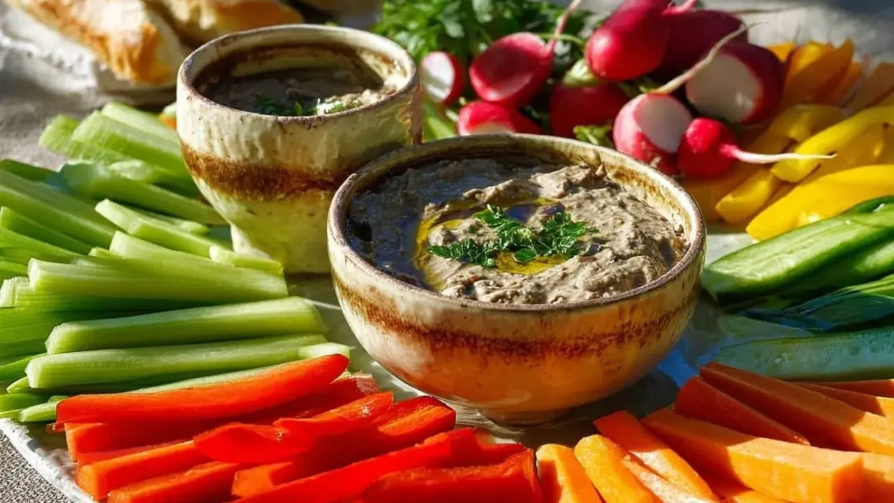 Assiette colorée de crudités avec deux bols d'anchoïade recette traditionnelle, pain et radis.