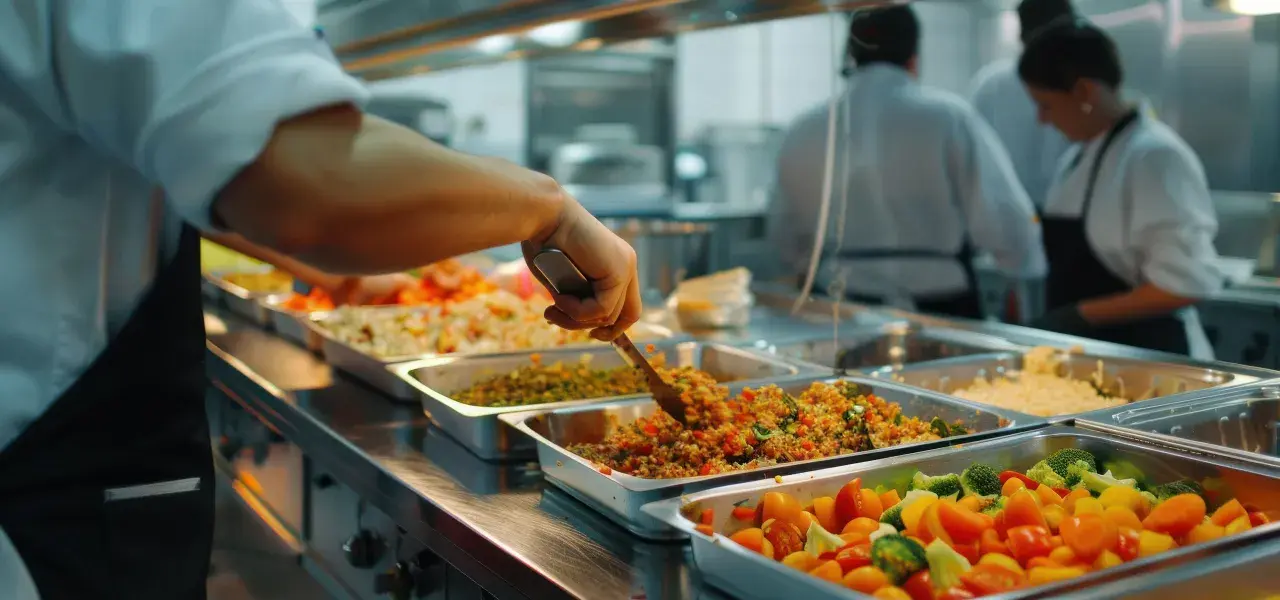 Un cuisinier sert des plats colorés dans des bacs GN 2/1. Des légumes frais et des céréales composent ce buffet appétissant.