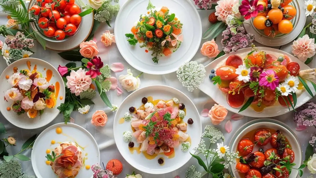 Un magnifique repas de mariage avec des assiettes colorées, des tomates cerises et des fleurs.