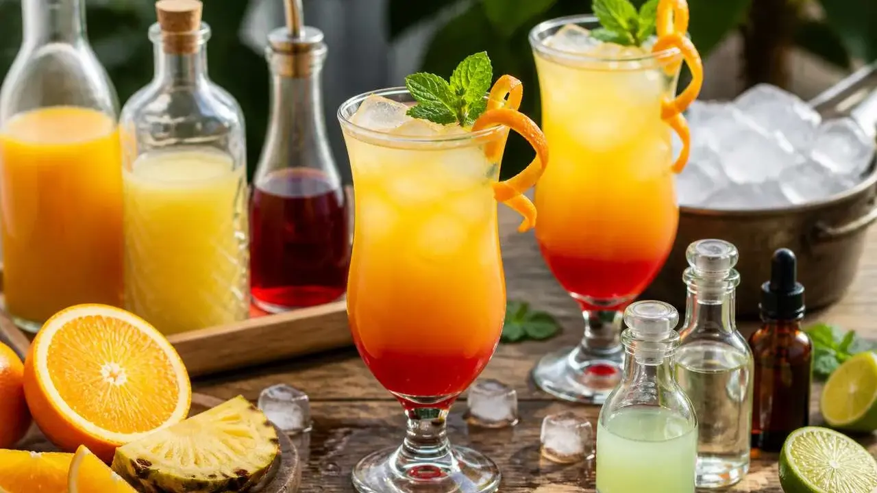 Deux cocktails sans alcool anniversaire aux couleurs vives, garni de menthe et d'écorce d'orange, avec des fruits frais et des jus en arrière-plan.