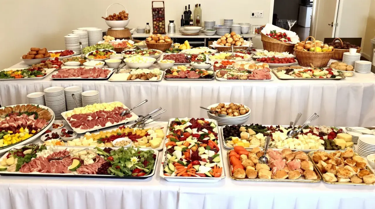 Buffet froid impressionnant, idéal pour un prix buffet froid 60 personnes. Charcuteries, fromages, fruits et légumes frais.