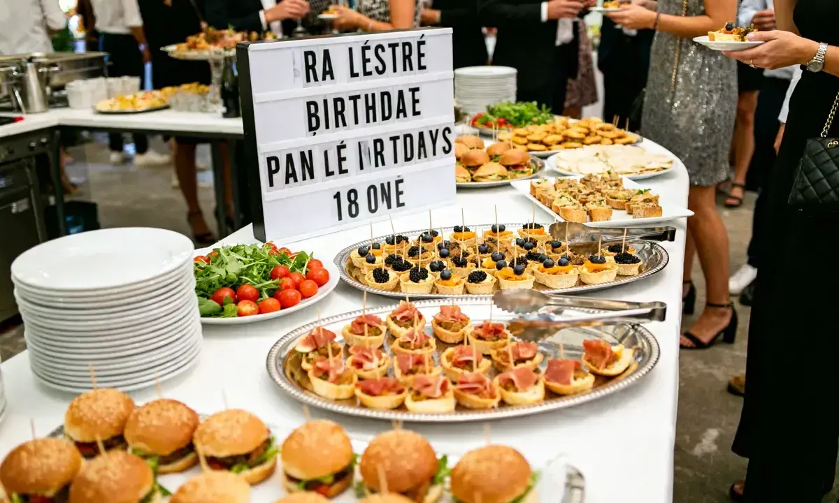 Buffet anniversaire ado 18 ans : mini-burgers, tartines, brochettes et salade fraîche. Une fête réussie !