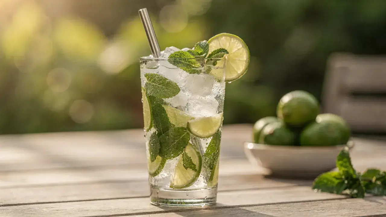 Un verre de cocktail sans citron, rempli de glaçons, menthe fraîche et rondelles de citron vert, sur une table en bois.