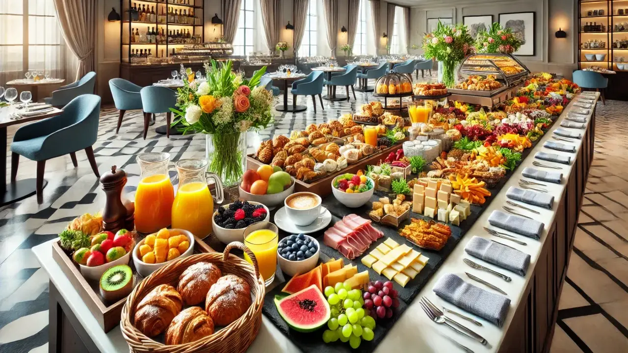 Un somptueux buffet petit déjeuner avec viennoiseries, fruits frais, jus d'orange, café et fromages.