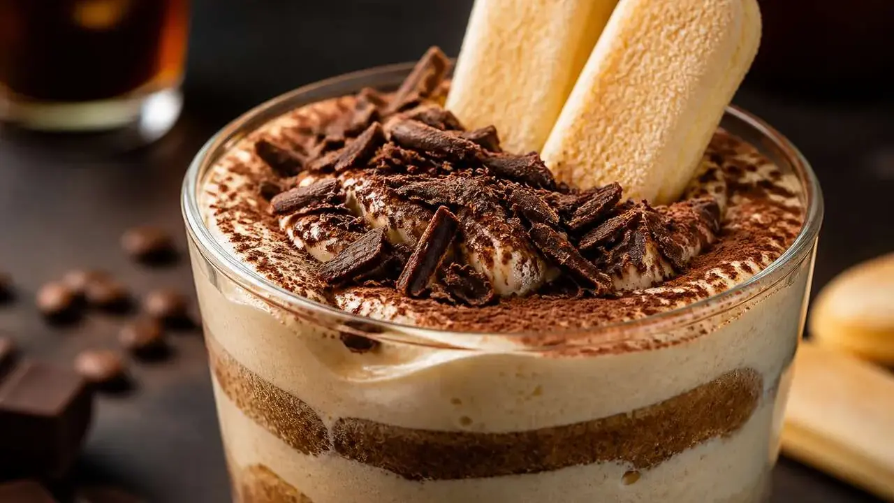 Un délicieux tiramisu, avec des couches de biscuits à la cuillère imbibés de café et de crème, saupoudré de cacao et garni de copeaux de chocolat noir. Un vrai plaisir moka chocolat.