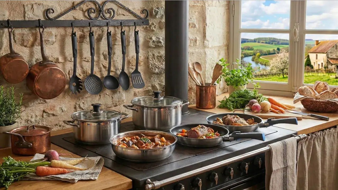 Cuisine rustique avec ustensiles en cuivre et acier inoxydable, montrant l'avantage acier inoxydable pour une cuisson parfaite. Paysage bucolique en arrière-plan.