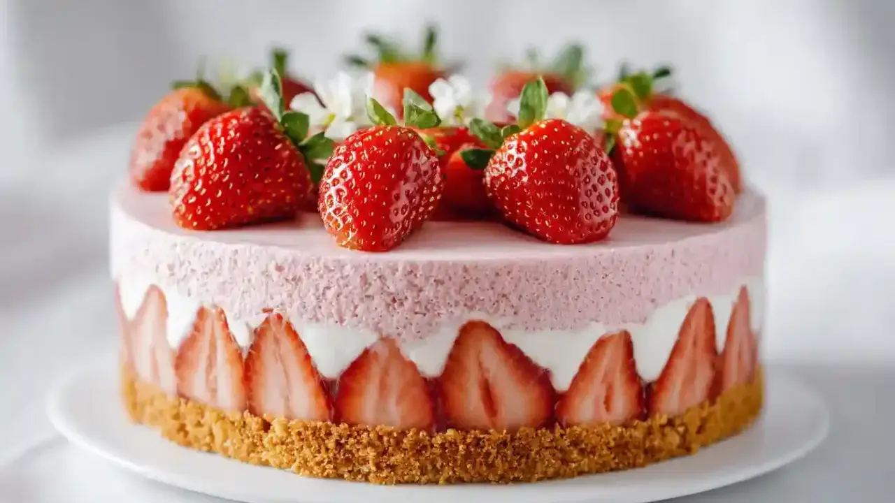 Un délicieux gâteau fraise, orné de fruits rouges frais et de crème onctueuse, sur une base croustillante. Un vrai régal pour les yeux et les papilles !
