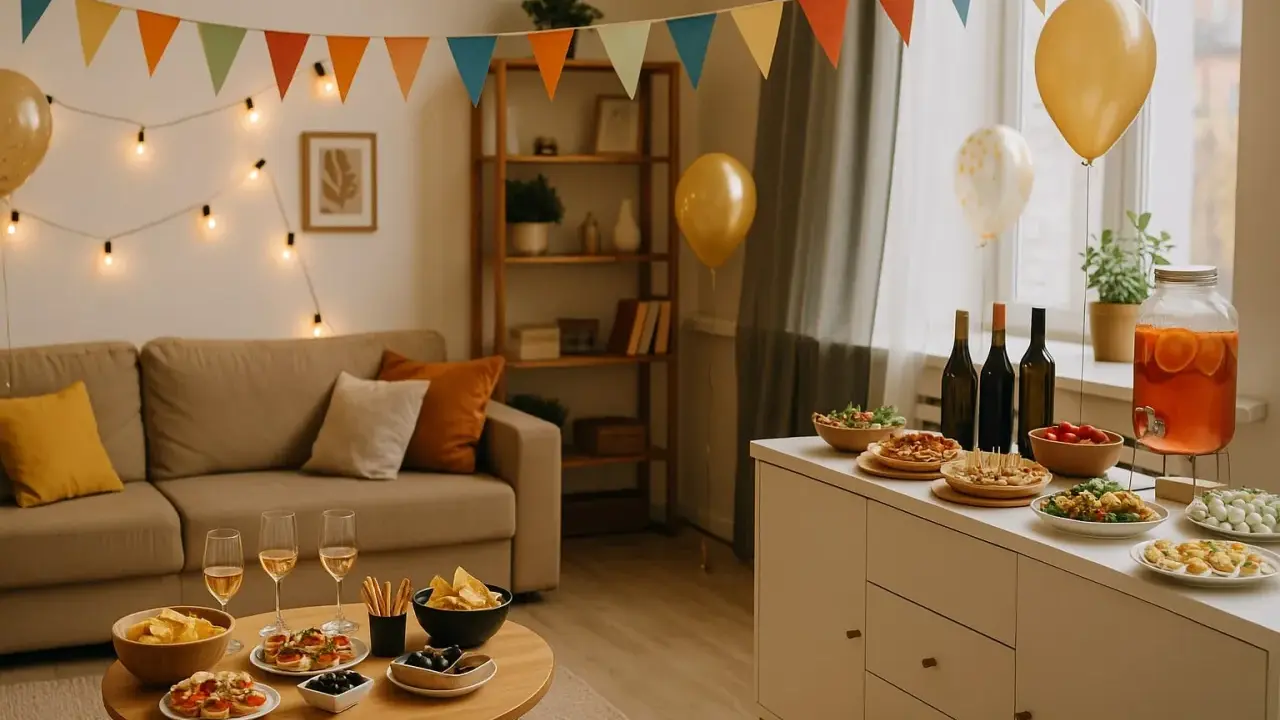 Décoration festive pour une pendaison de crémaillère : guirlandes, ballons, canapés confortables et buffet garni de mets délicieux.