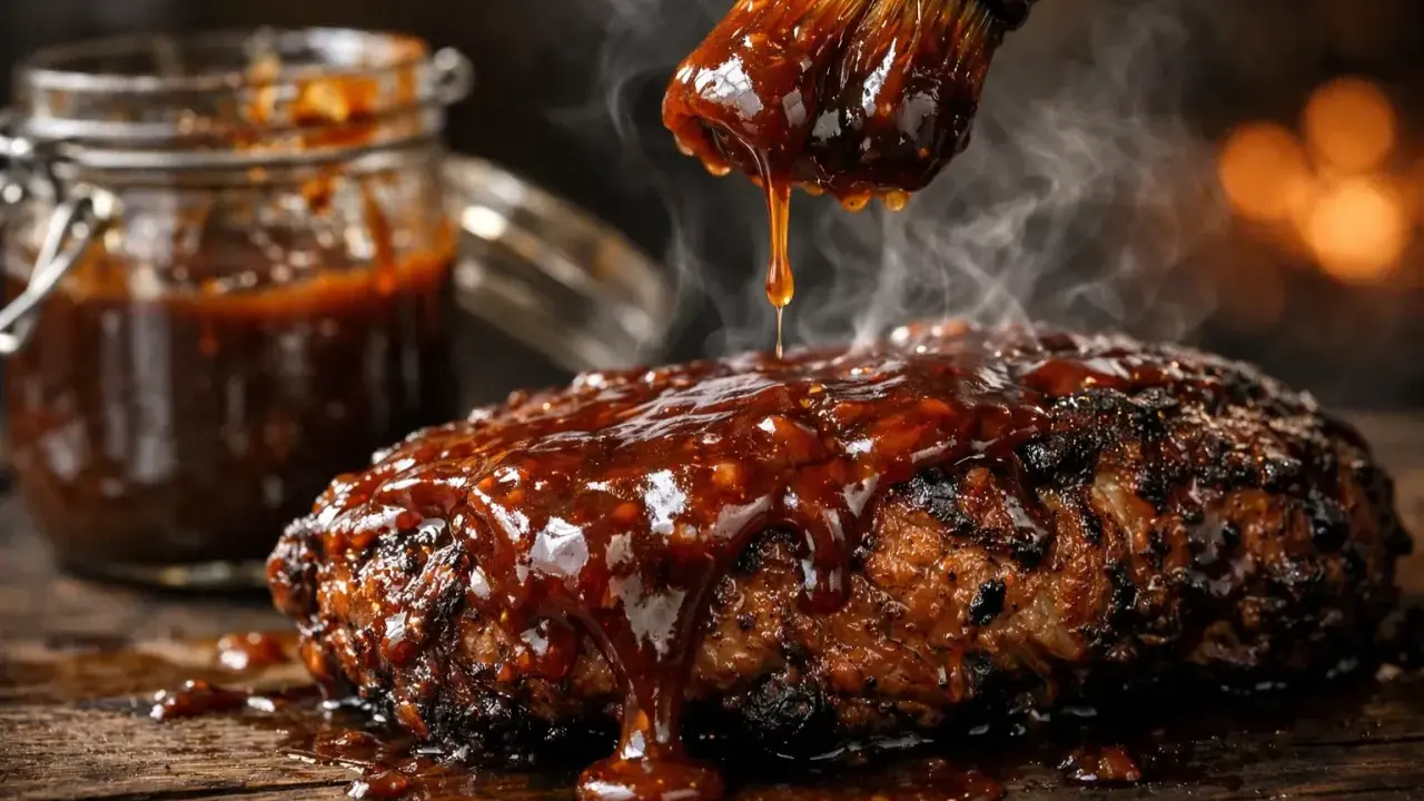 Un pinceau dépose une sauce pour barbecue brillante et fumante sur un plat de viande grillée. Un pot de sauce est visible en arrière-plan.