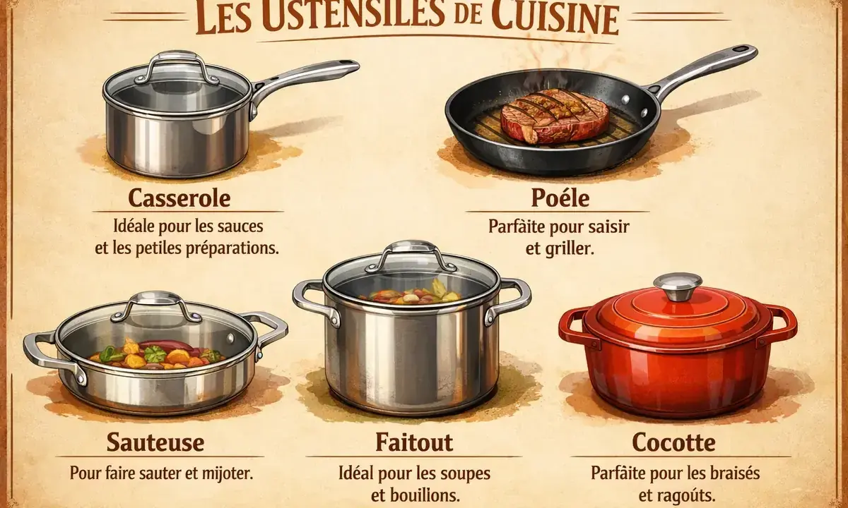 Illustration des ustensiles de cuisine. La différence entre cocotte et faitout est claire : la cocotte est rouge et idéale pour les braisés, le faitout est argenté pour soupes et bouillons.
