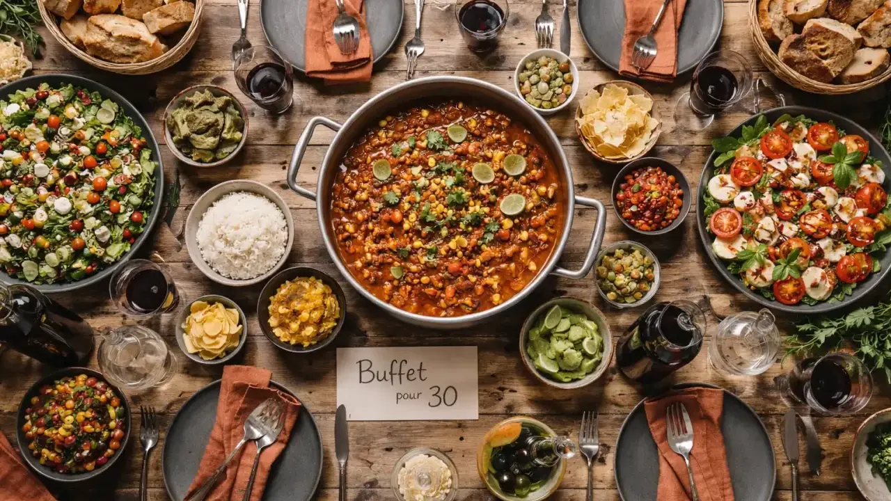 Un festin pour une cousinade : un buffet généreux avec salades, riz, ragoût, pain et guacamole.