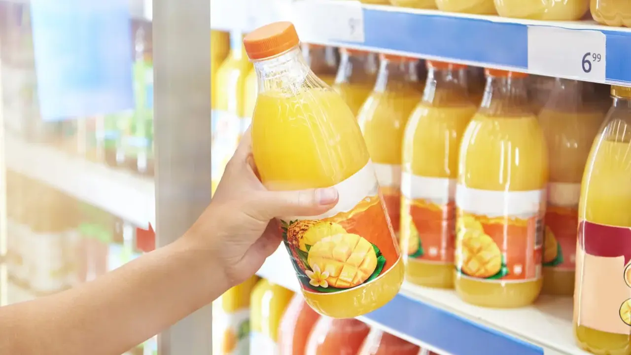 Une main choisit une bouteille de ce qui semble être le meilleur jus de fruit, avec des mangues et des ananas sur l'étiquette.
