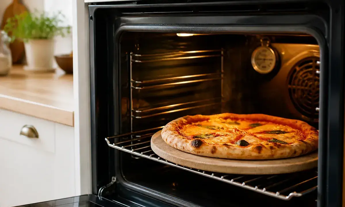 Une pizza dorée, prête pour la cuisson au four, sur une pierre à pizza. L'intérieur du four est éclairé, révélant les grilles et un thermomètre.