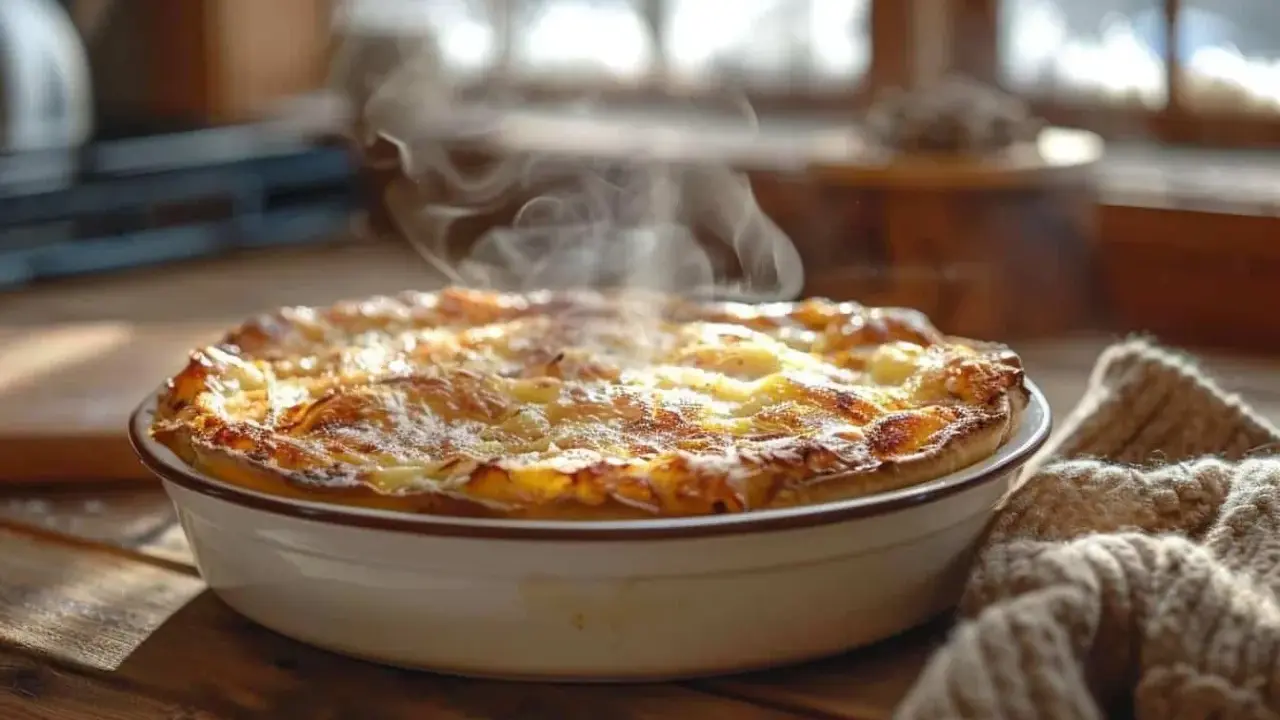 Un plat gratiné et fumant sort du four, prêt à être dégusté. La chaleur s'échappe doucement, promettant un délice réconfortant.