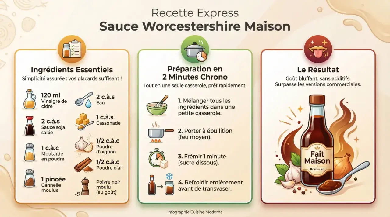 Recette de sauce Worcestershire maison : vinaigre, sauce soja, cassonade, épices. Un délice rapide à préparer !