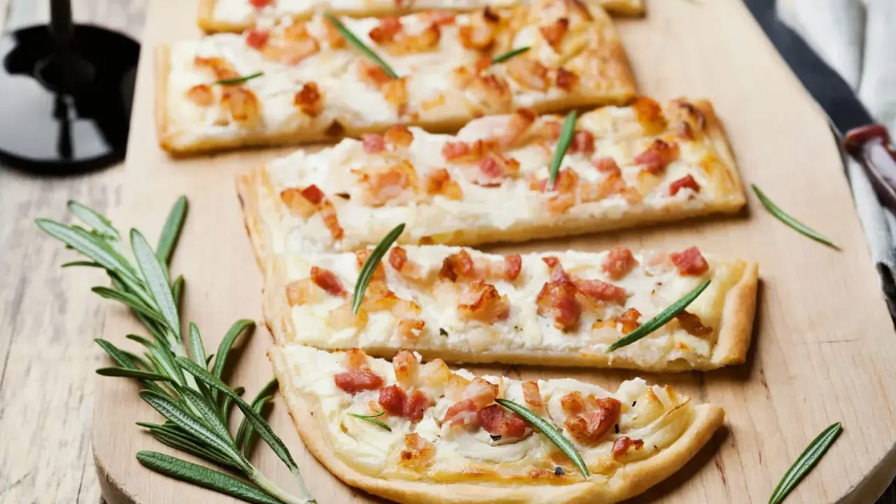 Quatre tartes flambées, une délicieuse entrée alsacienne, garnies de lardons et de romarin sur une planche en bois.