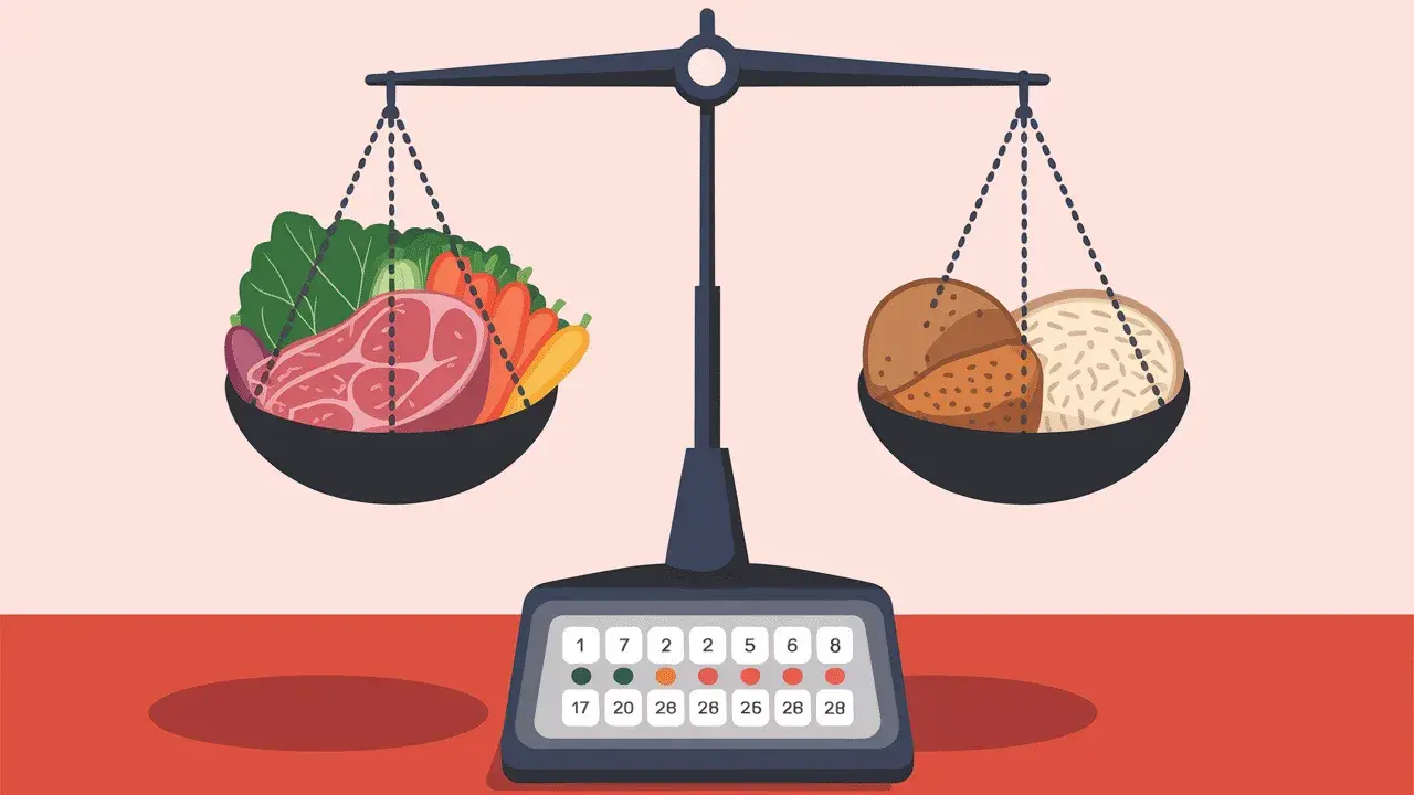 Balance alimentaire : une balance pèse une pièce de viande pour un anniversaire avec des légumes d'un côté, et du pain de l'autre.