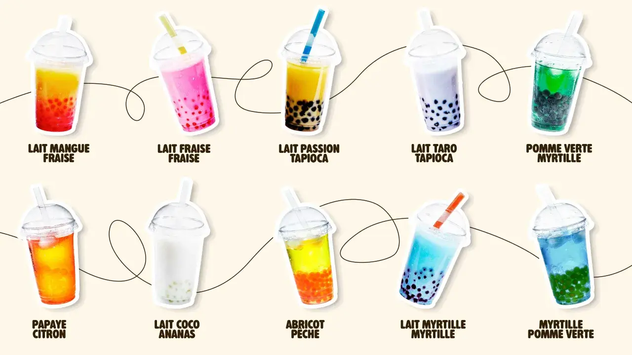 Dix bubble tea aux saveurs variées : mangue fraise, fraise, passion tapioca, taro, pomme verte myrtille, papaye citron, coco ananas, abricot pêche, myrtille, et myrtille pomme verte.