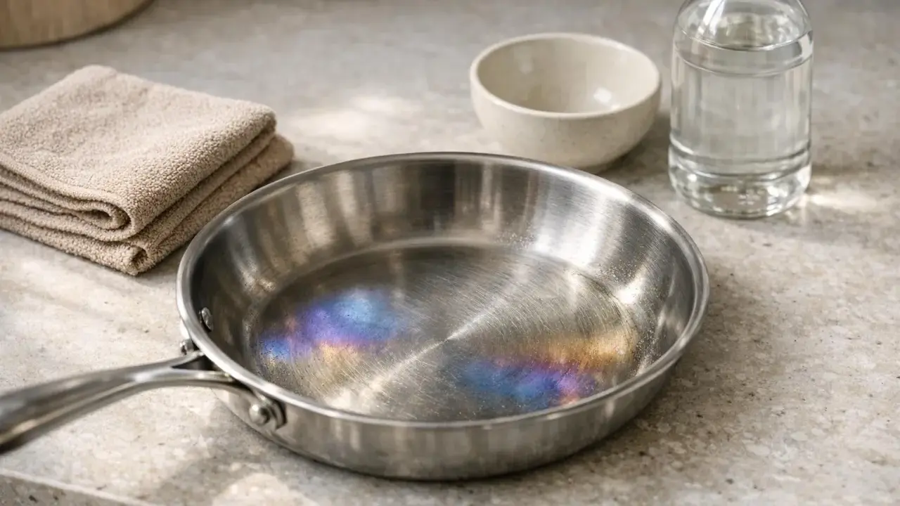 Casserole inox avec des taches bleues iridescentes sur le fond, à côté d'une serviette pliée et d'une bouteille de liquide.