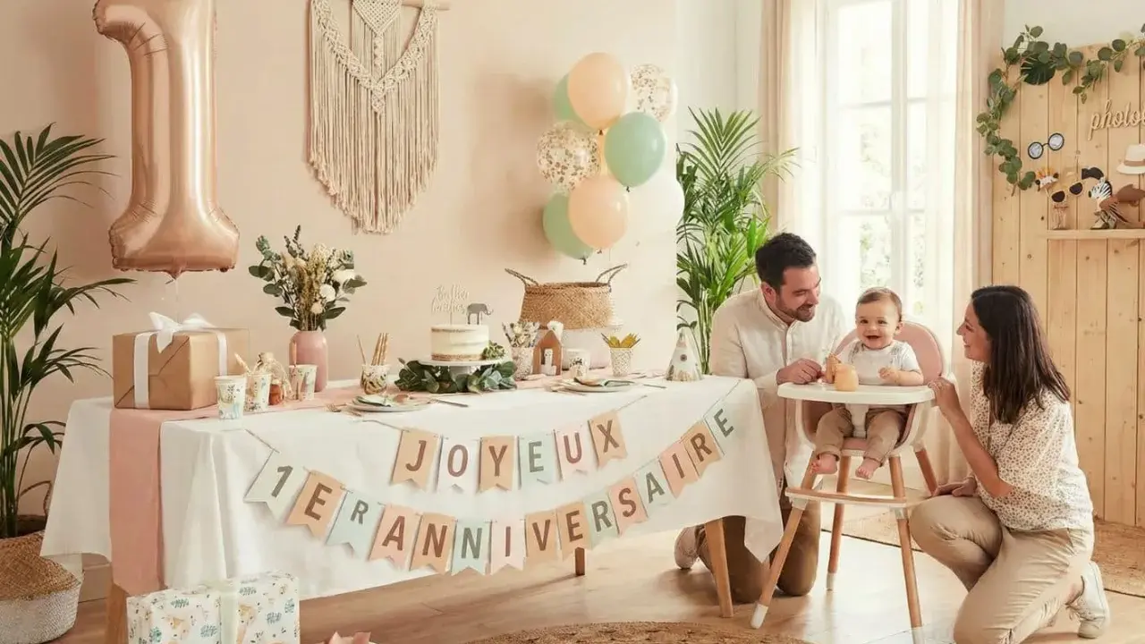 Une famille célèbre la fête découverte bébé avec un gâteau, des ballons et une bannière "Joyeux 1er Anniversaire".